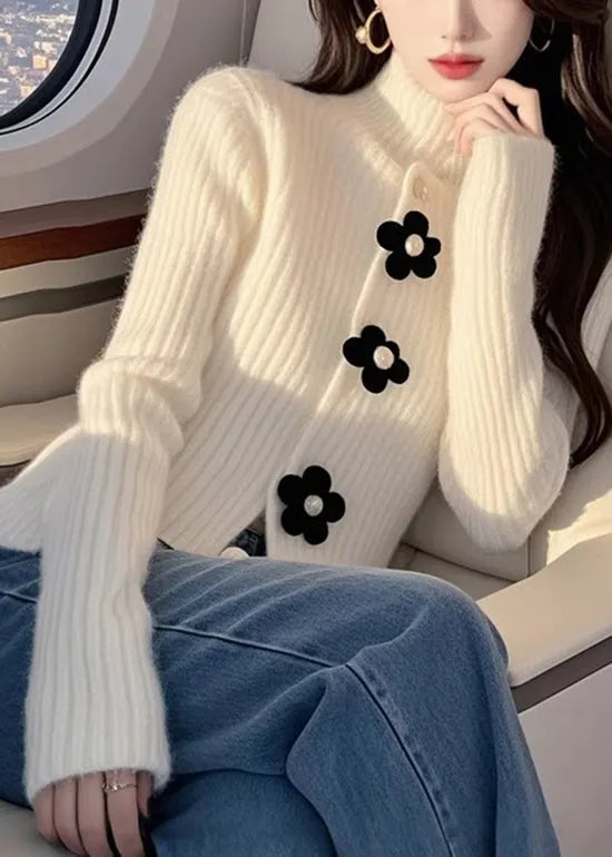 French White Hign Neck Knit Sweaters Top Spring