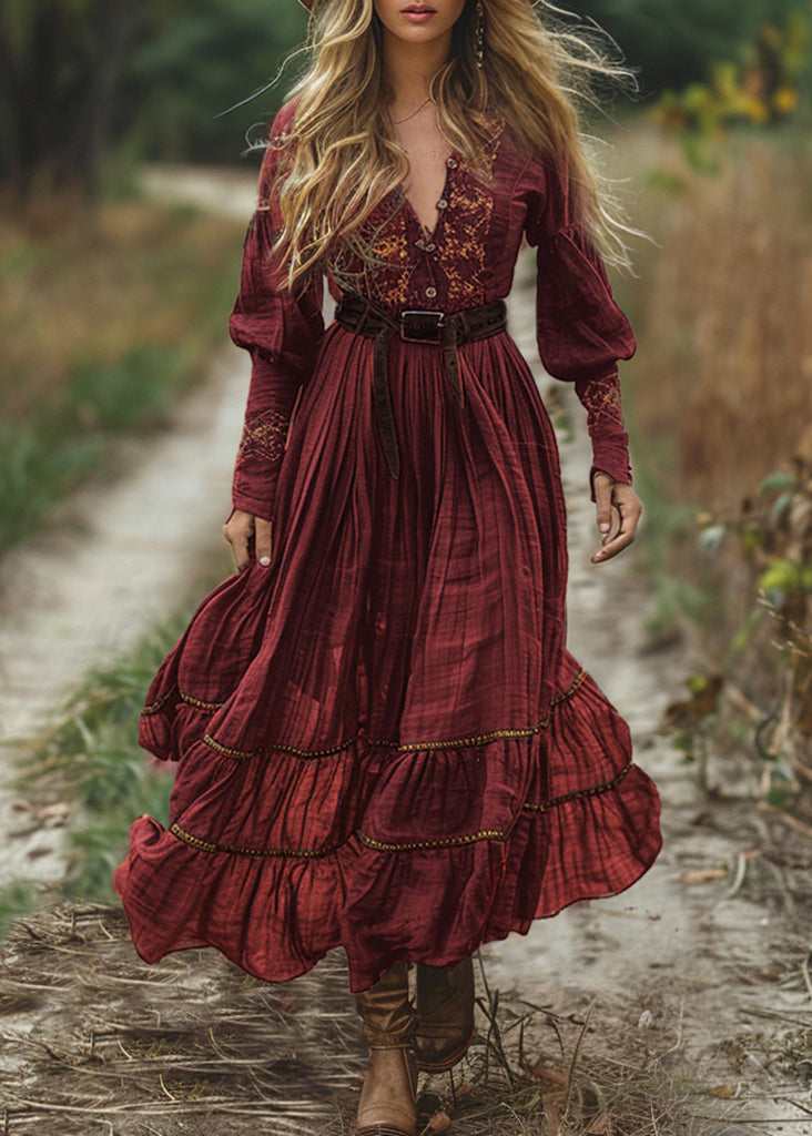 Black V Neck Print Wrinkled Cotton Long Dress Fall
