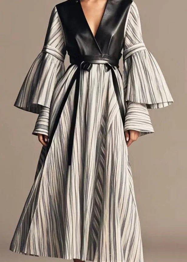 Grey Striped Patchwork Faux Leather Cotton Holiday Dress Flare Sleeve