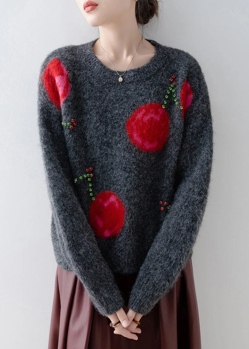 Grey O Neck Zircon Knit Sweaters Spring