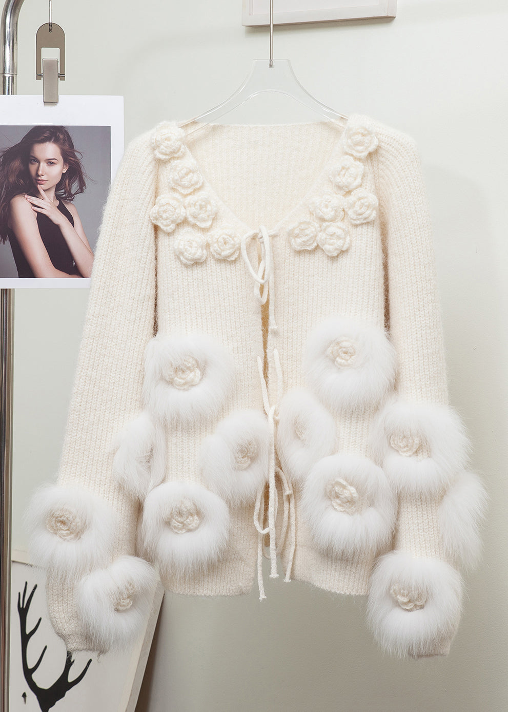 Beige Lace Up Fox Fur Patchwork Knit Coats Winter