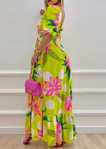 Green Print Hollow Out Side Open Cotton Long Dress Summer