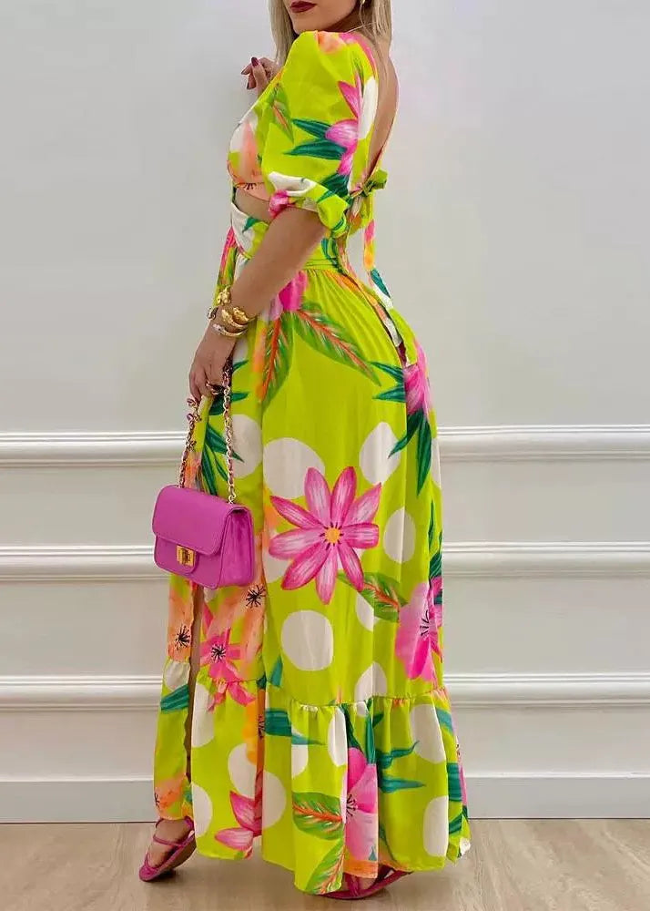 Green Print Hollow Out Side Open Cotton Long Dress Summer