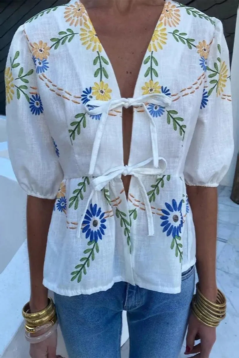 Print Flowers Frenulum V Neck Tops