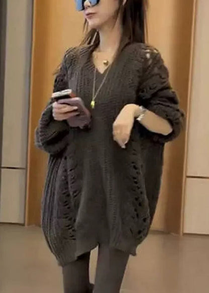 Loose Dark Gray V Neck Hollow Out Knit Sweater Spring