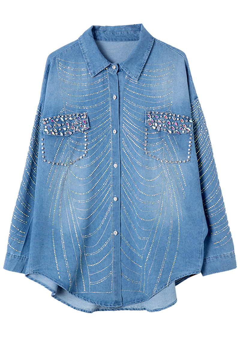 Blue Nail Bead Zircon Button Denim Shirts Spring