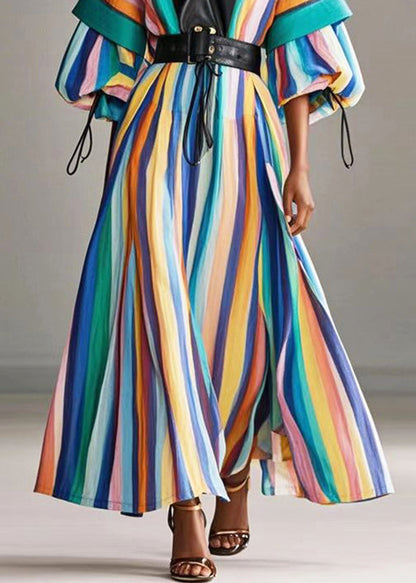 Rainbow Cinched Striped Cotton Holiday Dress Lantern Sleeve