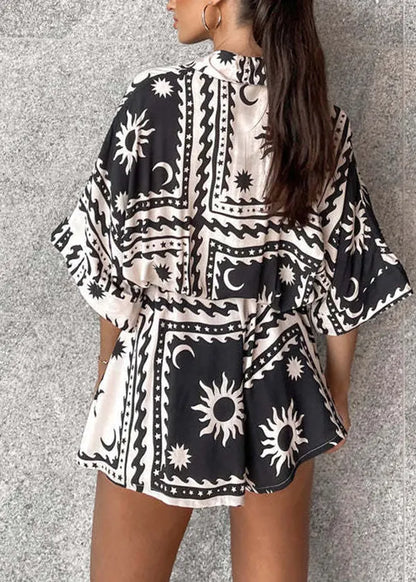 New Black Peter Pan Collar Geometric Print Cotton Jumpsuit Summer