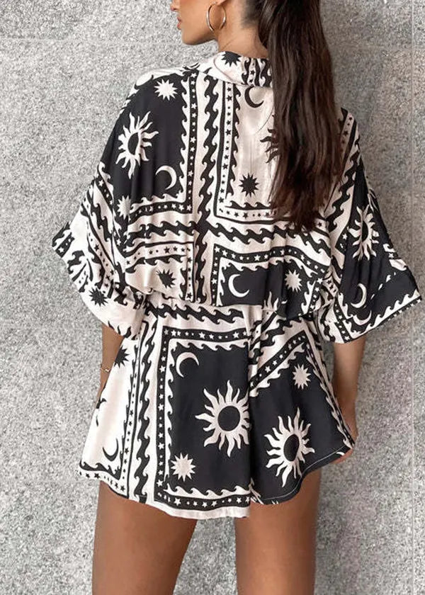 New Black Peter Pan Collar Geometric Print Cotton Jumpsuit Summer