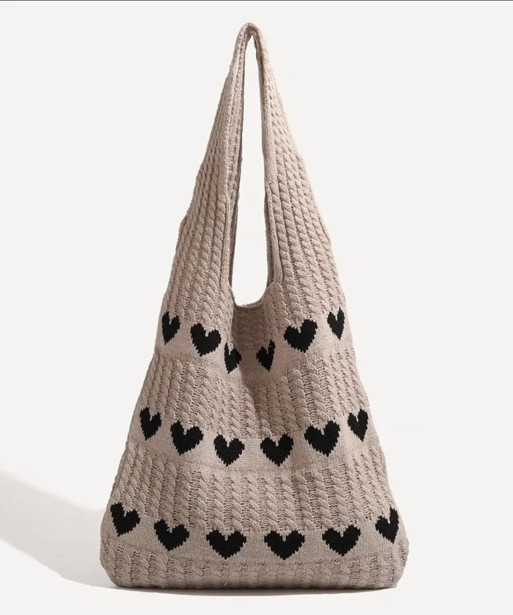 Minimally Khaki Hollowed Out Heart Knitted Shoulder Bag