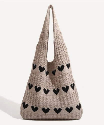 Minimally Khaki Hollowed Out Heart Knitted Shoulder Bag