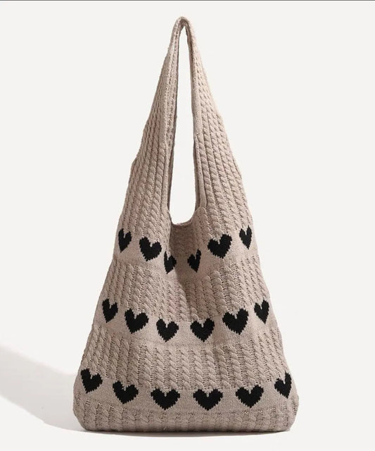 Minimally Khaki Hollowed Out Heart Knitted Shoulder Bag