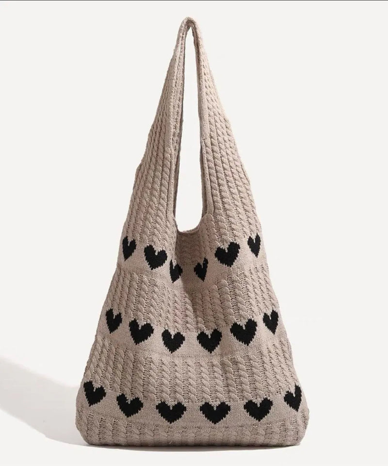 Minimally Khaki Hollowed Out Heart Knitted Shoulder Bag