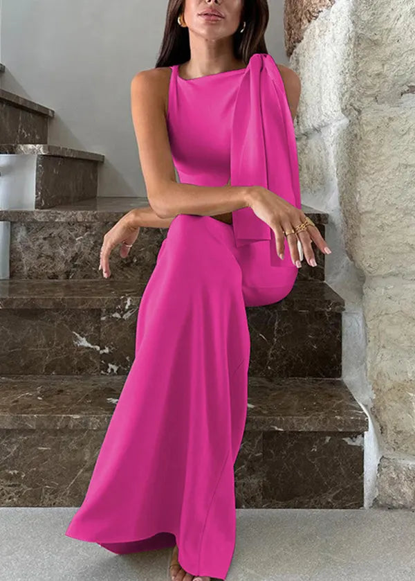 Apricot One Shoulder Slim Fit Silk Long Dress Summer