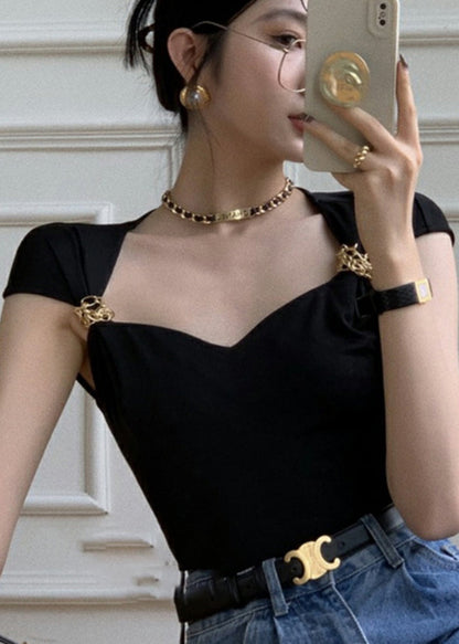 French Black Square Collar Short Top for Summer