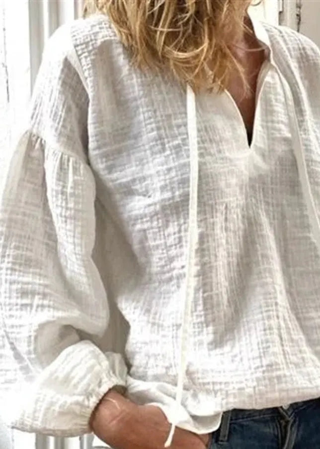 Loose White V Neck Lace Up Linen Blouses Long Sleeve