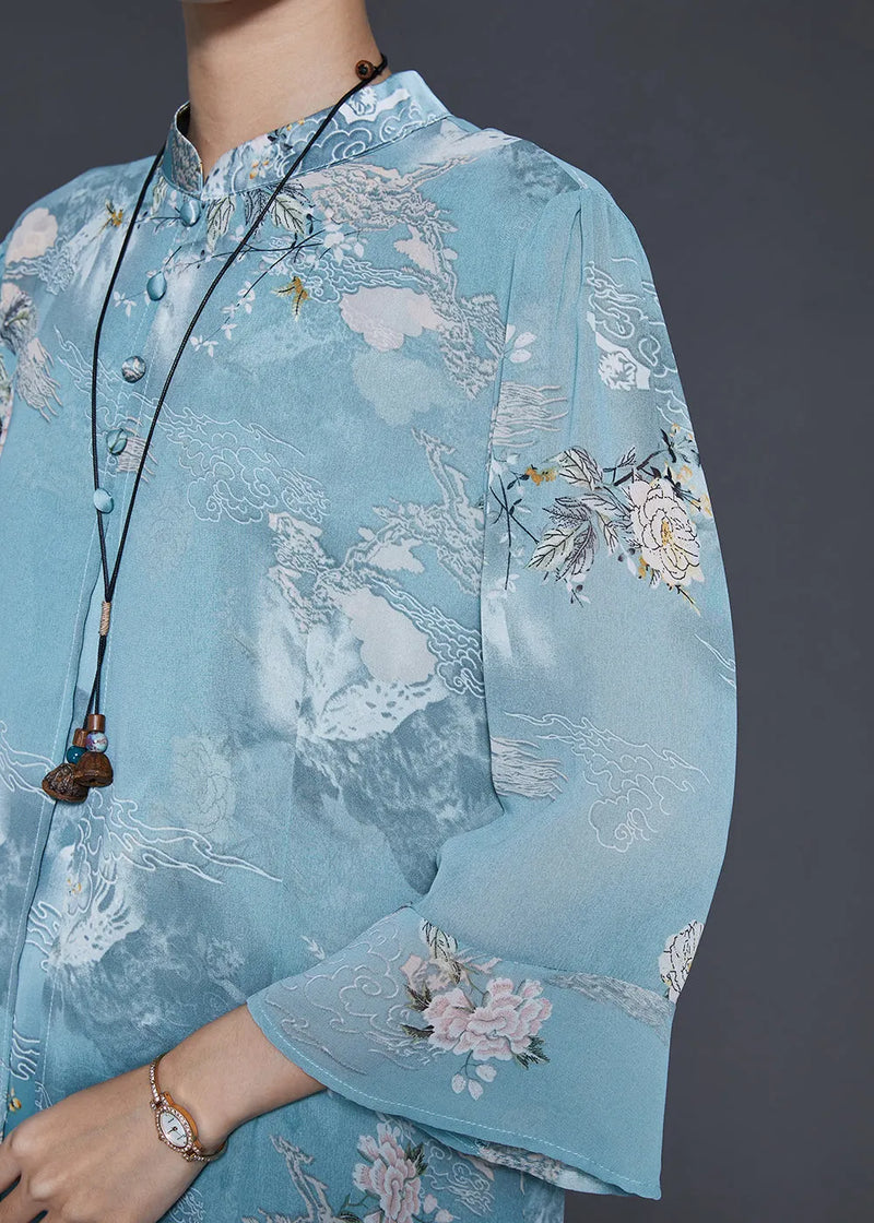 French Blue Mandarin Collar Print Chiffon Dresses Summer