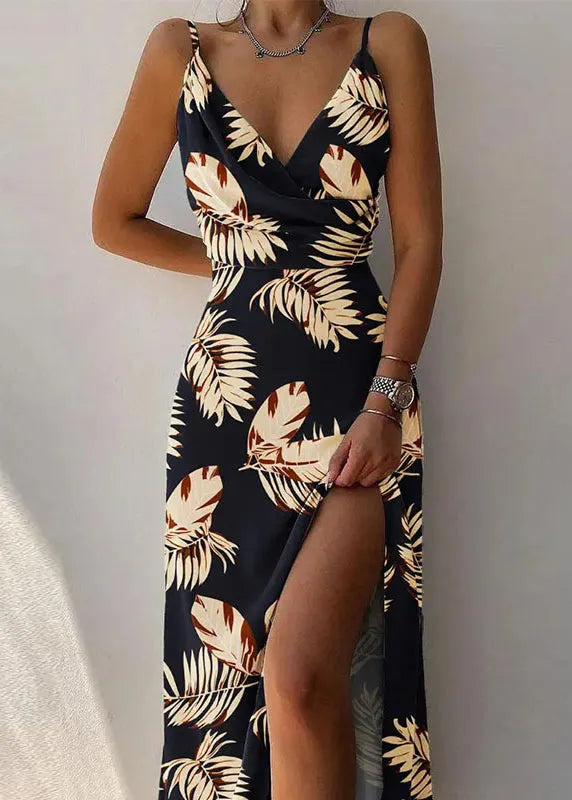 Brown V Neck Print Cotton Spaghetti Strap Dress Summer
