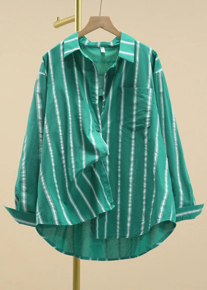 Green Peter Pan Collar Striped Button Cotton Shirt Fall