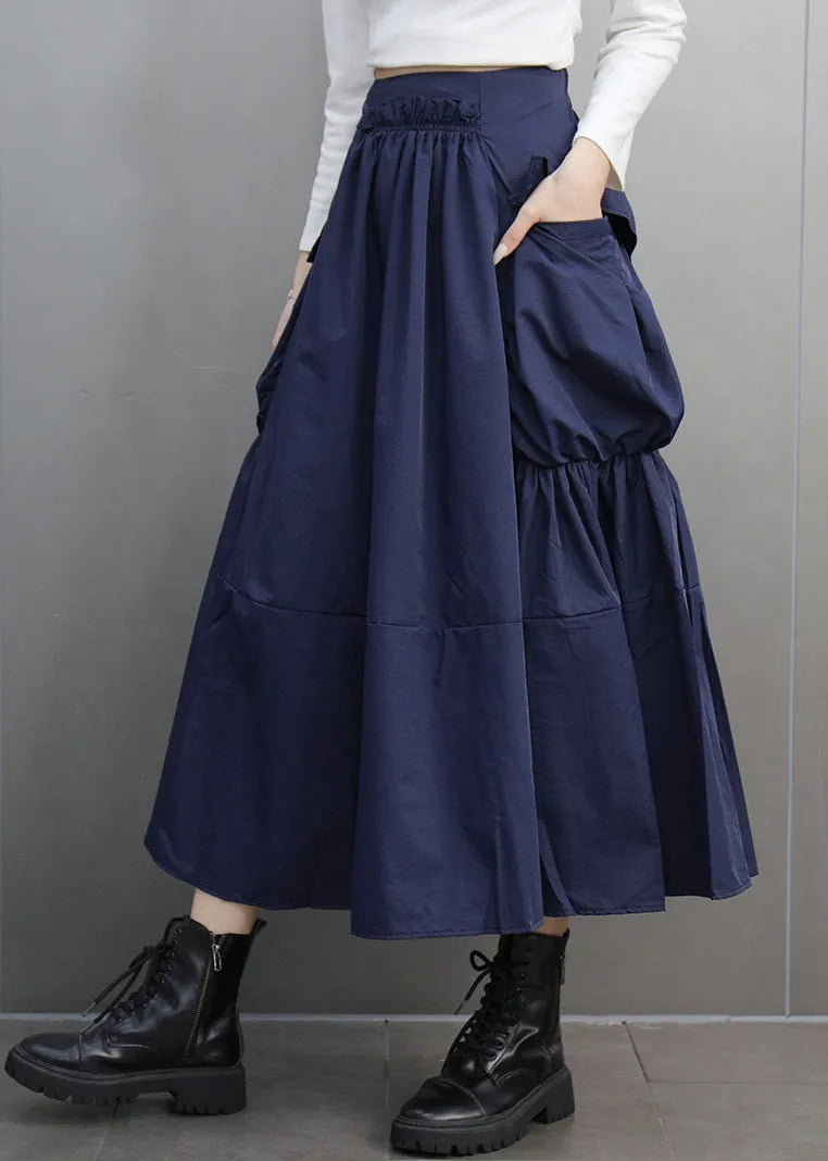 Modern Navy Asymmetrical Pockets Patchwork Elastic Waist a Line Skirts Spring