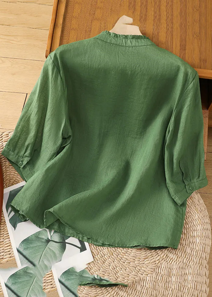 Green Stand Collar Embroidered Shirts Summer