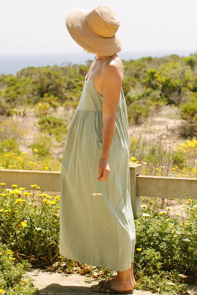 Button-back Pocketed Cotton Cami Dress