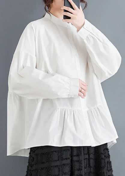 White Stand Collar Patchwork Cotton Shirts Spring