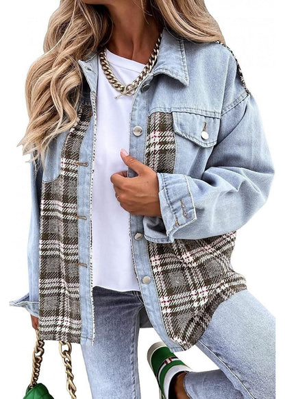 Loose Light Blue Peter Pan Collar Plaid Patchwork Denim Jackets Fall