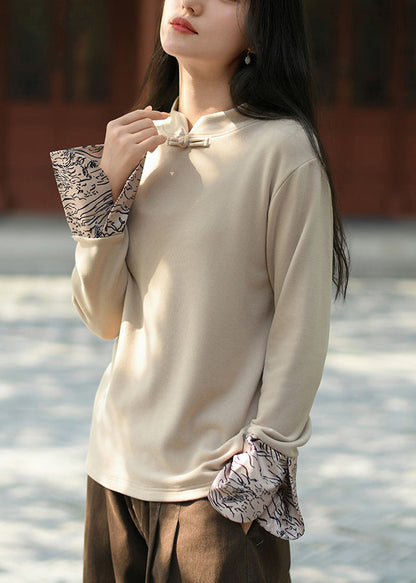 Handmade Beige Stand Collar Patchwork Cotton Shirt Tops Spring