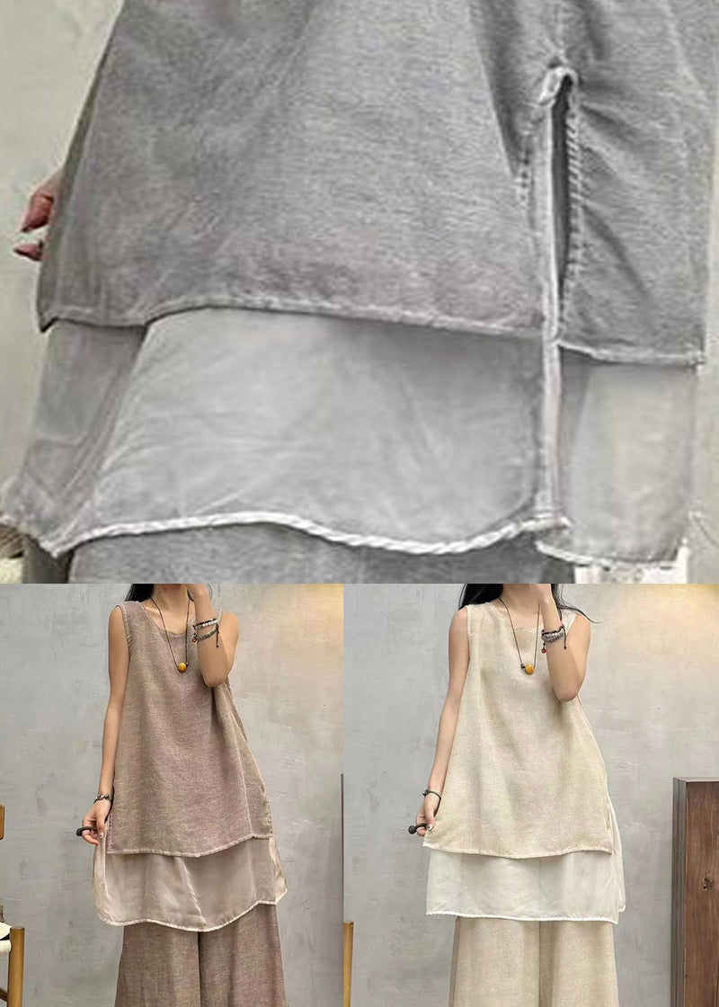 Coffee O Neck Patchwork Cotton Tops Sleeveless