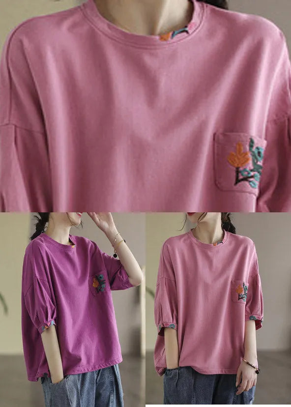 Vogue Pink O-neck Embroidered T Shirt Half Sleeve