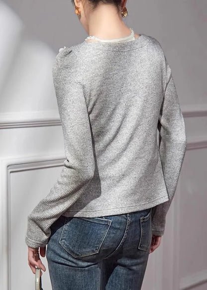 Grey V Neck Cotton Knit Cardigans Fall