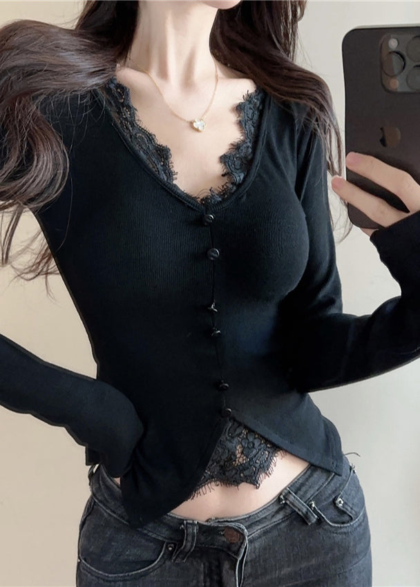 Black V Neck Patchwork Cotton Shirts Spring