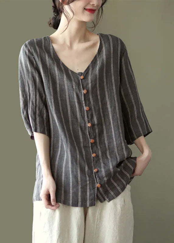 Grey V Neck Striped Button Linen Shirts Half Sleeve