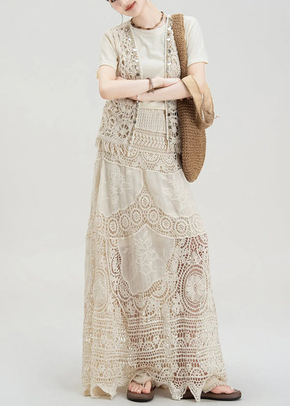 Apricot Hollow Hook Flower Vest T-shirt Skirt Set Summer
