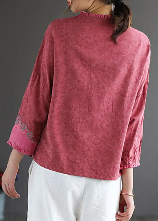 Rose Embroidered Chinese Button Patchwork Cotton Top Spring