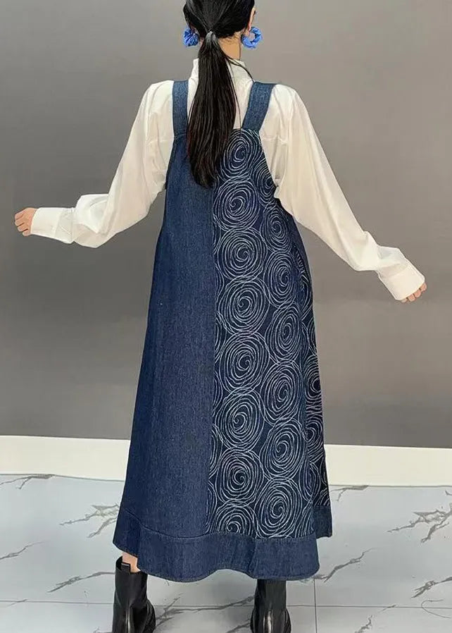 Denim Blue Slash Neck Print Long Spaghetti Strap Dress Spring