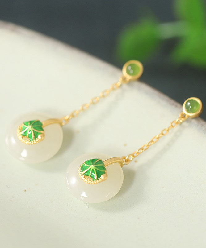 Green Sterling Silver Overgild Jade Lotus Drop Earrings