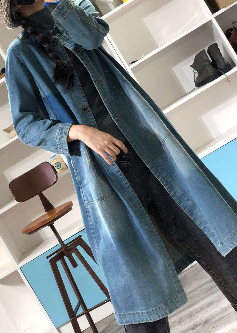 Loose Blue O-neck Button Patchwork Denim Coat Outwear Fall