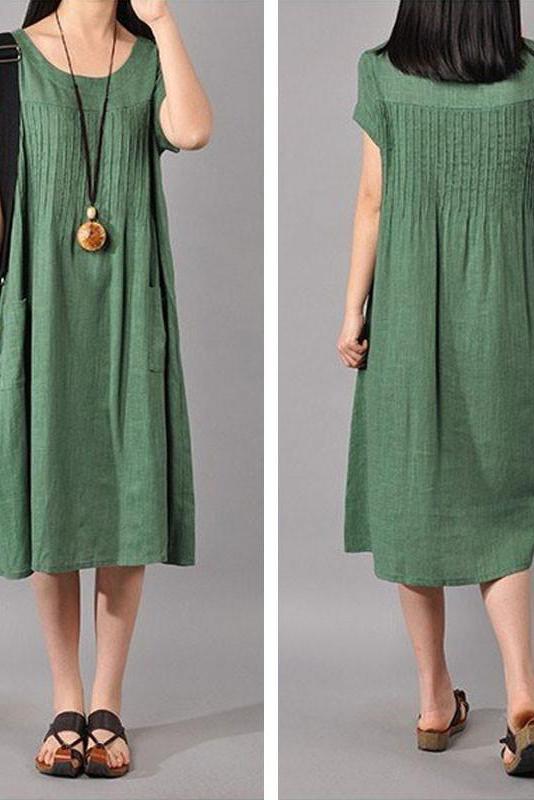 Limited Stock- Cotton Linen Loose Fitting Dress in Green