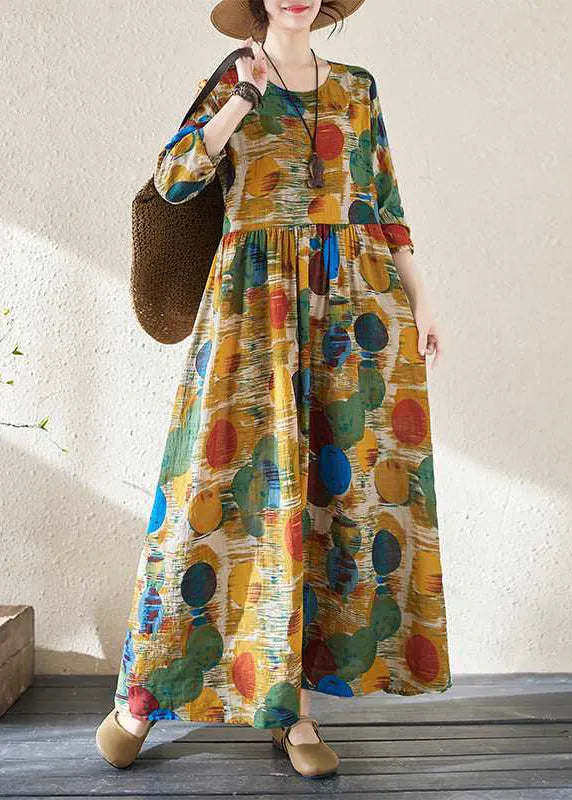 Yellow Patchwor Print Vacation Dresses Long Sleeve