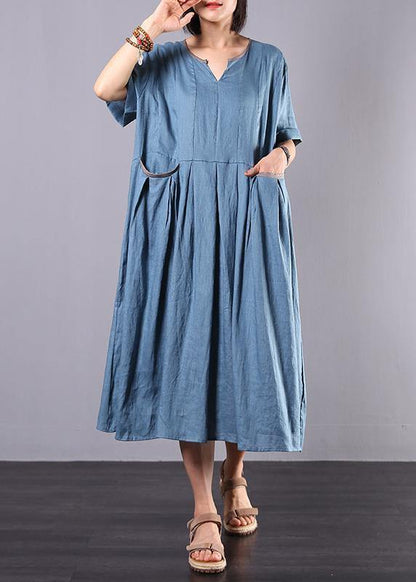 French Blue Linen Clothes for Big Hem a Line Summer Dress