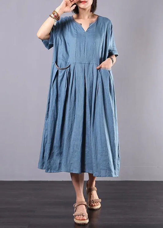 French Blue Linen Clothes for Big Hem a Line Summer Dress