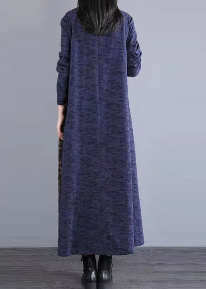 Navy Print Pockets Patchwork Cotton Long Dress Stand Collar Fall