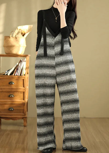 Grey Oversized Striped Cotton Overalls Jumpsuit Summer