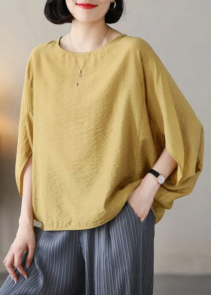 Yellow O-neck Oversized Linen Shirt Top Batwing Sleeve