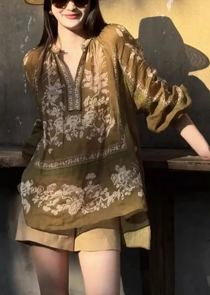 Brown Oversized Print Linen Shirt Top Fall
