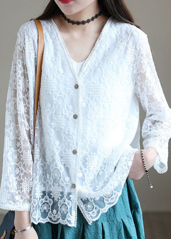 White V Neck Cotton Upf 50+ Cardigans Long Sleeve