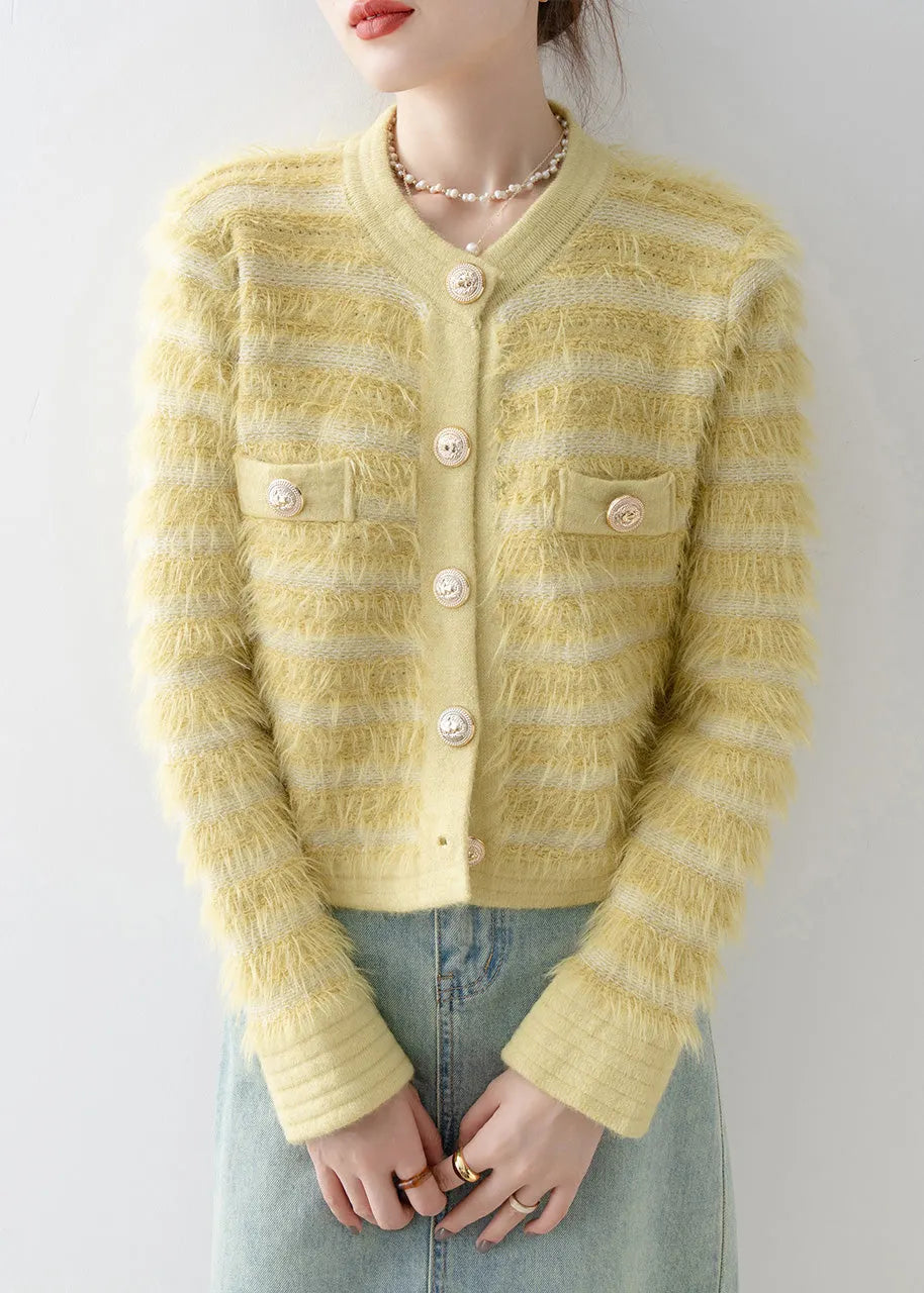 Italian Yellow O Neck Button Mink Hair Knitted Cardigans Spring