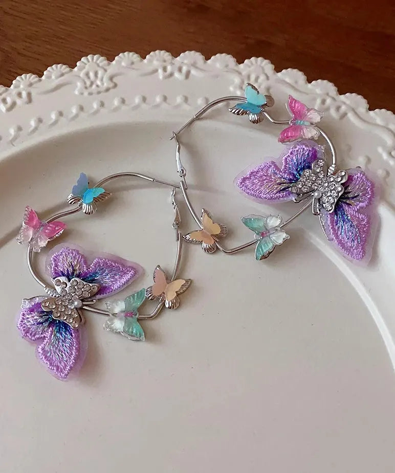 Purple Alloy Zircon Knit Butterfly Hoop Earrings